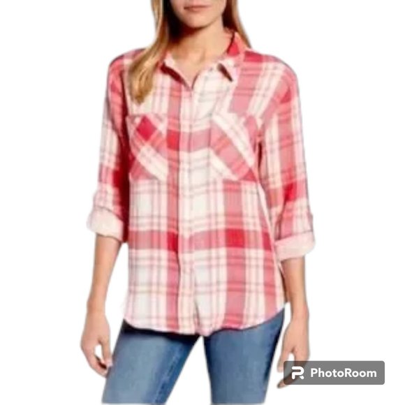 Sanctuary Anthro Women's The Tomboy pink and white plaid crinkly button down M - Picture 1 of 11